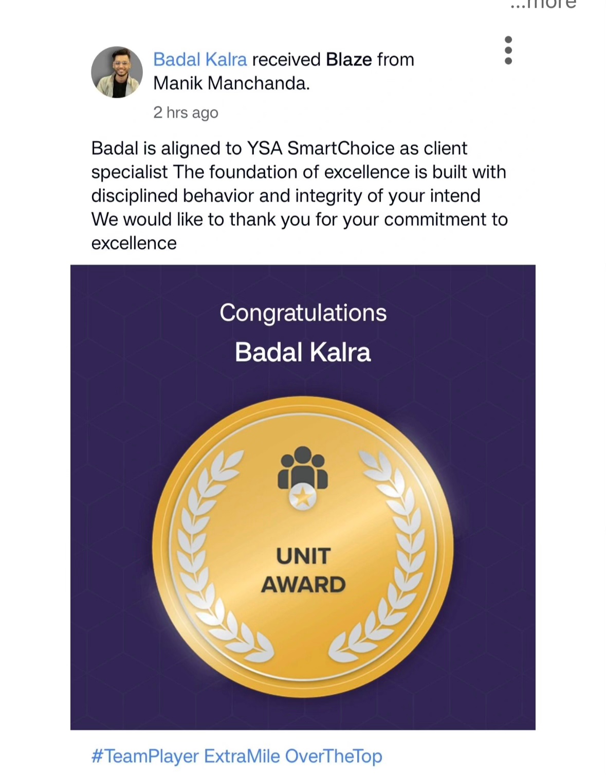 Wipro Blaze Award recognition post