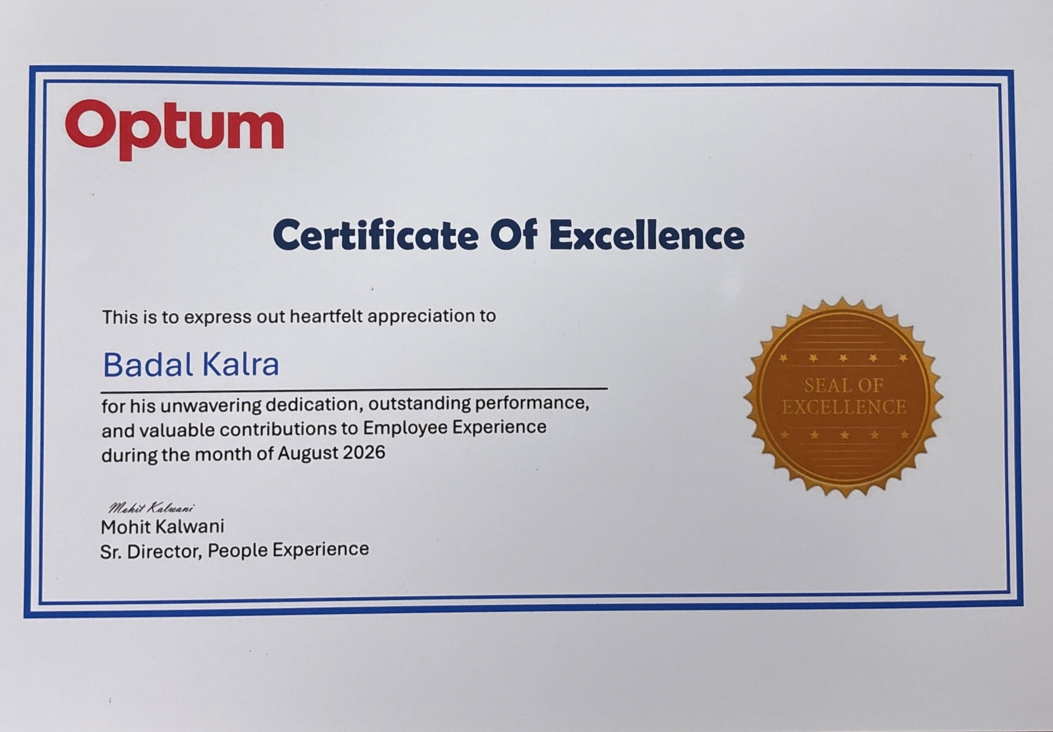 Optum Employee Excellence Award certificate for August 2026
