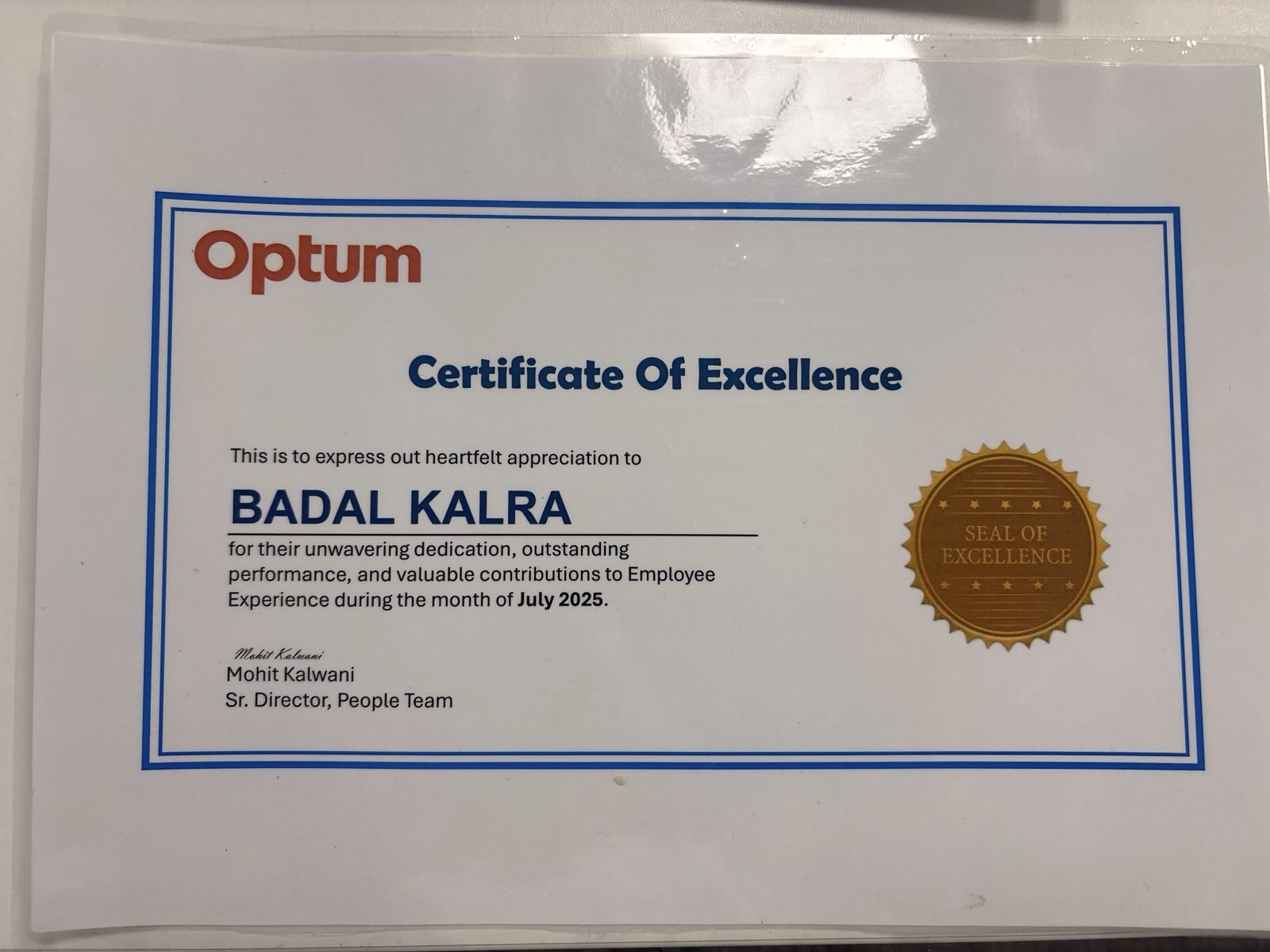 Optum Employee Excellence Award certificate for July 2025