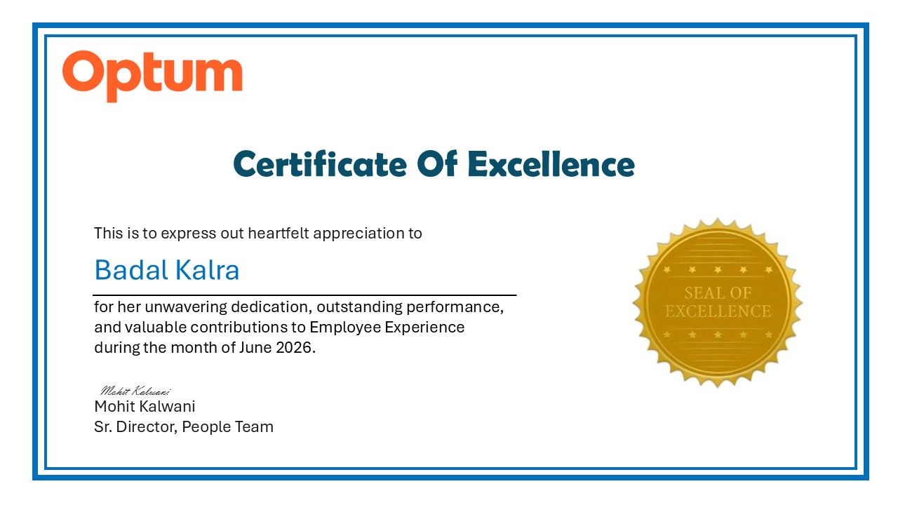 Optum Employee Excellence Award certificate for June 2026